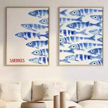 1 tấm áp phích vải canvas cá mòi xanh cổ điển phong cách Địa Trung Hải in tranh tường hình động vật cá mòi làm quà tặng lý tưởng cho phòng khách hiện đại trang trí nhà khung tùy chọn - Nhiều màu - Xem 3