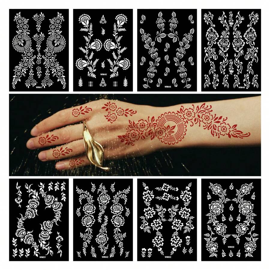 3 Pcs Henna Tattoo Stencils Reusable Painting Stencil For Hand Body Art Flower Temporary Tattoo Template Sleeve Wedding Bride Beauty - Black and White - View 1