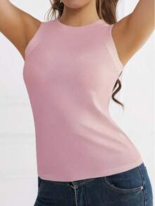 女式罗纹无袖吊带背心上衣，圆领，纯色，舒适汗衫，适合春、夏、秋、冬，可穿外套，修身版型