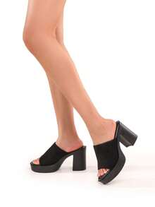 Women Wood Grain Thick-Soled Slippers, Summer Slide Sandals Chunky Heel Open Toe Fashion Mules High Heels - Hitam CMP9230 - View 3