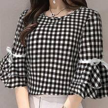 女式休闲格子印花蝴蝶结领短袖 T 恤