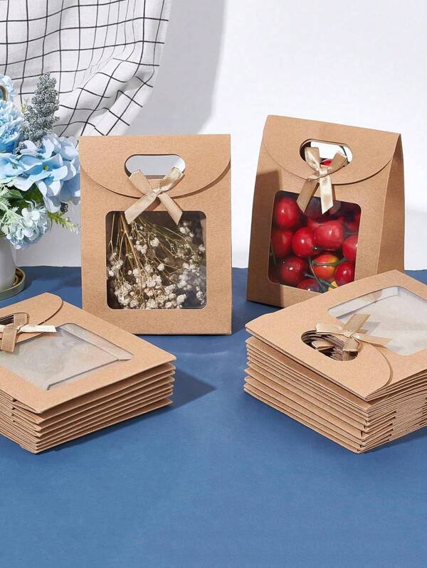 A Set Of 4 Kraft Paper Gift Bags With Transparent Windows And Handles - For Packaging Candies, Cookies, Weddings, Thanksgiving And Christmas Parties