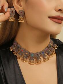 3pcs/Set Elegant Boho Style Rhinestone Jewelry Set, Includes Necklace Pendant & Jhumka Earrings, Traditional Accessories, Suitable For Women's Daily Wear, Festivals, Weddings And Parties/Jewelry Gift