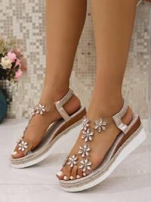 A Pair Of Wedge Sandals For Teenagers, Stylish And Versatile Girls' Shoes With Rhinestones And Thick Soles, Girls' High - Heeled Shoes With Soft Flower - Decorated Soles For Matching Dresses