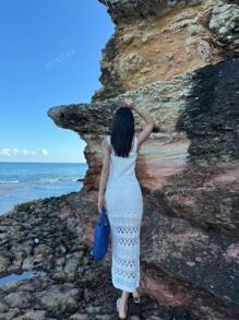 Vestido de playa para mujer de escote profundo en V, unicolor, transparente y calado