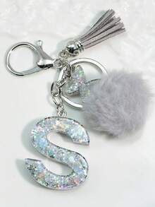 1 件首字母银色闪光钥匙扣，树脂滴蝴蝶吊坠，包/车装饰，男女通用礼物汽车配件包魅力学校可爱哥特 Y2k - 銀色 - 查看 33