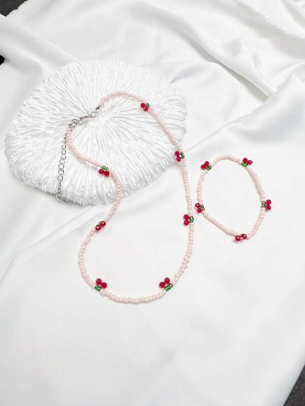 1 Set Of Cherry Bead Necklace And Bracelet Summer Accessory, Fresh And Versatile