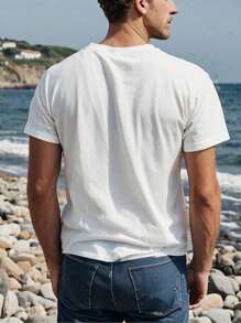 T-shirt bianca con stampa Palm Springs Surf Club, t-shirt da uomo girocollo, 220 g/m², per l'estate, in puro cotone, maniche corte (1 pezzo)