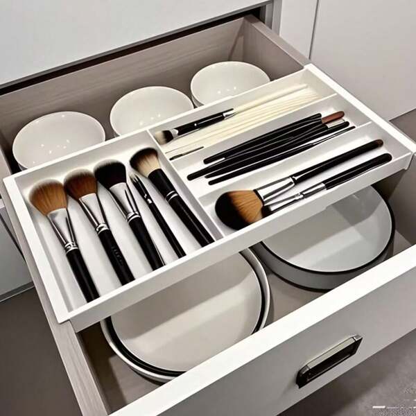 1 pièce Boîte de rangement de bureau avec tiroir amovible, boîte de rangement à compartiments extensibles pour articles de papeterie, pinceaux cosmétiques, cuillère et fourchette pour femmes. Organisateur de rangement pour les essentiels de voyage, de retour à l'école, de dortoir