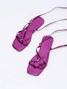 Neue Damen Zehentrenner Flache Sandalen im Sommerstil, mit rundem Zehenbereich und Schnürung, für den Lässig Urlaub - Bordeaux - Übersicht 3