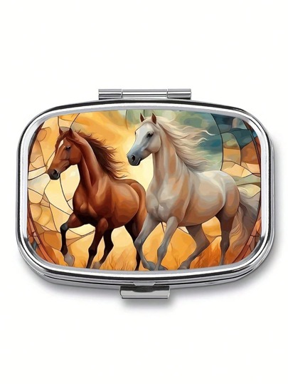1 pezzo Scatola per pillole a tema cavallo - Contenitore per medicinali in metallo e plastica a 2 scomparti con design artistico a forma di cavallo, portatile e sicuro per alimenti, per viaggi, tasche e portafoglio, porta vitamine/pillole - Idea regalo unica