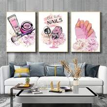 3 pièces Peinture sur canevas murale de mode d'ongle beauté rose. Affiche de luxe pour décoration de salle de salon de beauté des ongles. Cadre en option - 3 pièces/ensemble - Voir 2
