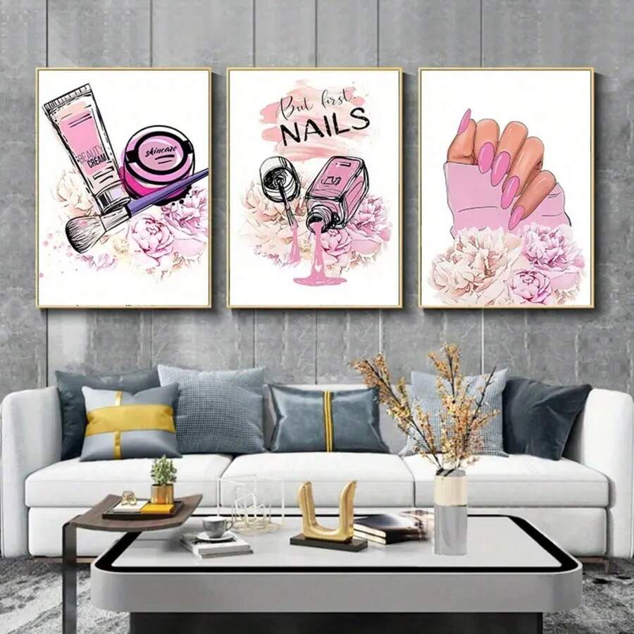 3 pièces Peinture sur canevas murale de mode d'ongle beauté rose. Affiche de luxe pour décoration de salle de salon de beauté des ongles. Cadre en option