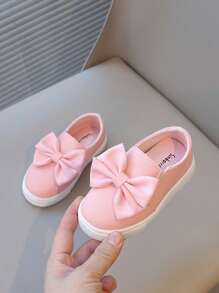 1 Pair Girls Bowknot PU Slip-On Cute Flat Children Casual Shoes, Suitable For Spring & Autumn