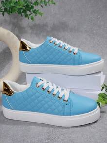 Nouvelles baskets plates et décontractées pour femmes avec bout rond, lacets et semelle antidérapante, en noir. Diverses options de couleurs, convient pour le printemps et l'automne - Bleu azur - Voir 8