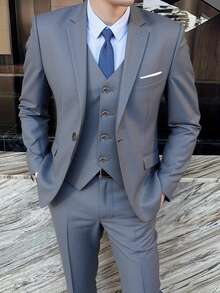 SuitGent 三件套男士商务西装，修身纯色新郎婚礼礼服，奢华办公正装，休闲时尚单排扣西装外套、马甲和西裤 - 淺灰色 - 查看 1