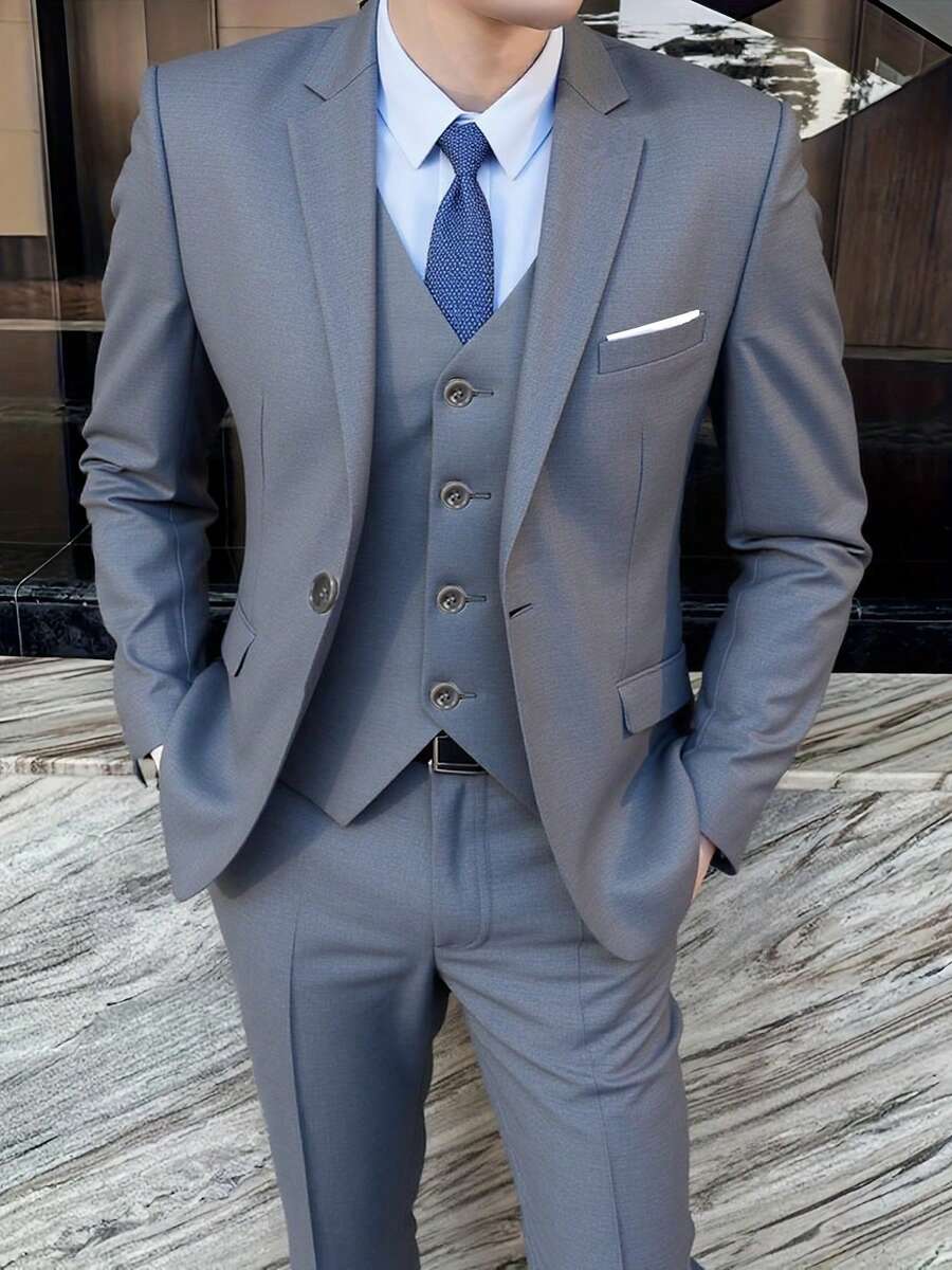 SuitGent 三件套男士商务西装，修身纯色新郎婚礼礼服，奢华办公正装，休闲时尚单排扣西装外套、马甲和西裤 - 淺灰色 - 查看 1