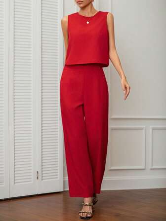 2pcs Spring/Summer 2025 European And American Fashion Women Plain Color Minimalist Commuter Set, Round Neck Sleeveless Cropped Top Paired With High Waist Wide Leg Trousers With Pockets