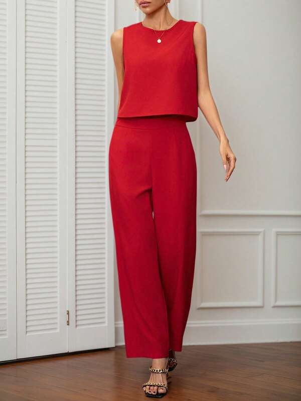 2pcs Spring/Summer 2025 European And American Fashion Women Plain Color Minimalist Commuter Set, Round Neck Sleeveless Cropped Top Paired With High Waist Wide Leg Trousers With Pockets