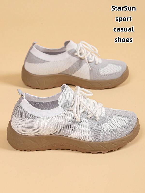 Women's Knit Mesh Breathable Round Toe Lace-Up Flat Multifunctional Fashion Casual Sports Shoes, Rubber Sole Anti-Slip Lightweight Running Sneakers, Color Block Design, Spring/Autumn New Korean Style Comfortable Flat Casual Shoes