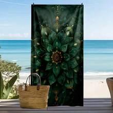 1pc Oversized Microfiber Mandala Beach Towel - Large, Quick-Drying, Soft, Green Lotus Flower Pattern With Gold Accents, Perfect For Beach, Bathing, Camping, Picnic And Holiday Essentials Travel Essentials Travel Accessories Beach Essentials - Multicolor - View 6