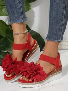 加大码女式舒适简约圆头莲花装饰厚底坡跟凉鞋，休闲时尚户外度假沙滩鞋，夏季 - 紅色 - 查看 3