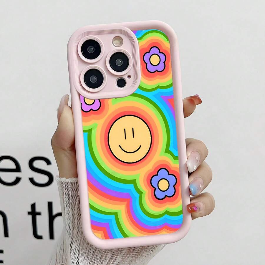 Rainbow Smile Pattern Phone Case For Compatible With IPhone 16/15/14/13/12/11/ProMax/Pro/Plus/XSMax/XS/X,Fashion Female Summer Unique Cases Shockproof Anti-Drop Design Tpu Protection Cover Men Casing Girl Women Ultimate Protective Fundas Para Protectores De Celulares Accessories Friend Gift Aesthetic Protector Forro De Teléfono - Pink - View 1