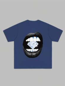 Glamorous And Luxury Inspired Men's T-Shirt With Diamond Mouth Graphic, 100% Cotton 220g - Blue - View 3