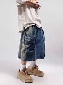 1 件男士休闲宽松中长款水洗复古美式嘻哈设计牛仔短裤，emo 风格