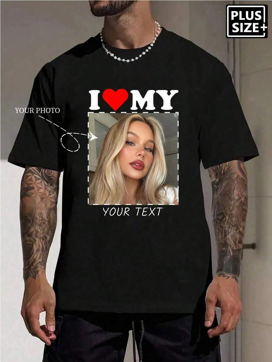 Spersonalizowany T-shirt męski z krótkim rękawem w dużym rozmiarze (do 6XL) w stylu Boyfriend, personalizowany za pomocą własnego zdjęcia. Możliwość personalizacji T-shirtu do zaprojektowania na imprezę, do zespołu, dla pary, do pracy, dla rodziny