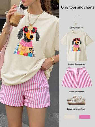 Cute Puppy Print Ladies Oversize Short-Sleeved Top Striped Shorts Suit Summer Ladies Suit Two Pieces Ladies Casual Two Pieces Suit Seaside Vacation,Chinese New Year, Lunar New Year, Year Of The Year Of The Horse, Spring Festival,Happy New Year , Valentine's Day, Valentine's Gift, Valentine's Day Gift For Her, Valentine's Present