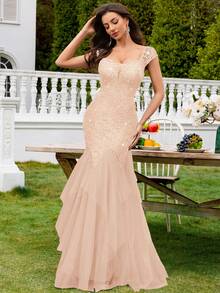 Elisanya 亮片花卉蕾丝深 V 领盖袖撞色网眼分层下摆晚会长裙，女士优雅派对礼服，正式晚礼服，舞会礼服，适合婚礼嘉宾、毕业典礼、晚宴 - 查看 6