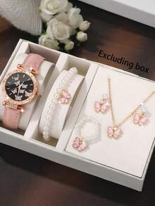 6件套 时尚简约蝴蝶数字设计手表 + 珍珠蝴蝶配件套装 - 彩色 - 查看 2