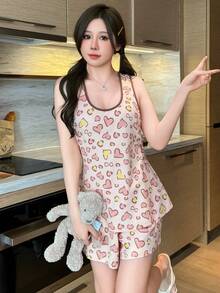 Bộ đồ ngủ cotton 2 món cho nữ - Áo hai dây in hình trái tim và quần short, Đồ ngủ bó màu hồng dễ thương - Hồng - Xem 6
