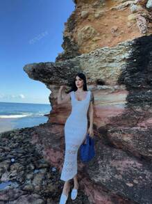 Vestido de playa para mujer de escote profundo en V, unicolor, transparente y calado