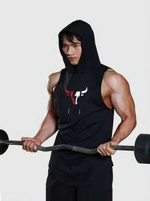 男士夏季运动背心，速干弹力无袖连帽衫，吸湿排汗，适合跑步、徒步、户外训练，黑色 - 黑色 - 查看 3