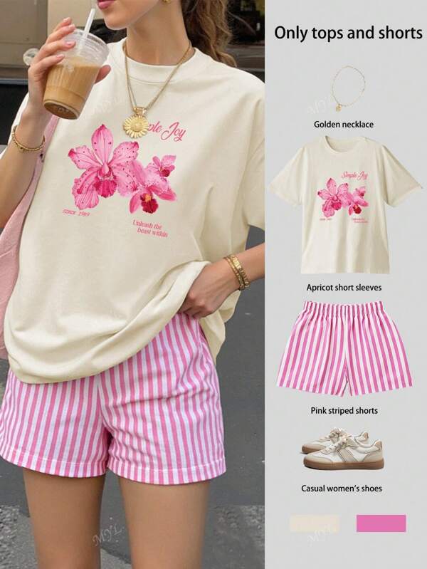 Blumen & Buchstaben bedruckter Oversized Damen Kurzarm Oberteil, gestreifte Shorts, Damen Sommer Lässig Zweiteiler, Damen Sommer Lässig Strandurlaubs Zweiteiler