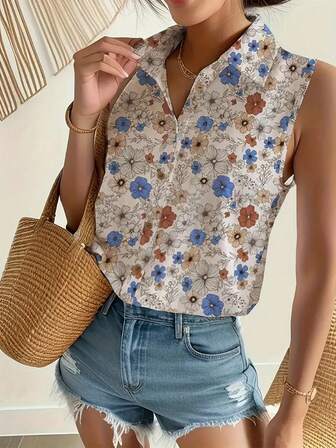 女士优雅花卉印花无袖衬衫，带纽扣领 - 轻质涤纶，可机洗，非常适合夏季休闲穿着，花卉印花衬衫