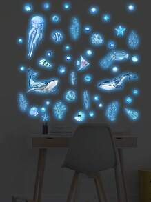 1 Set Underwater World Luminous Stickers, Glowing In The Dark, Suitable For Living Room, Bedroom, Background Wall, Wall Decoration, Home Decoration Room Decor Wall Sticker