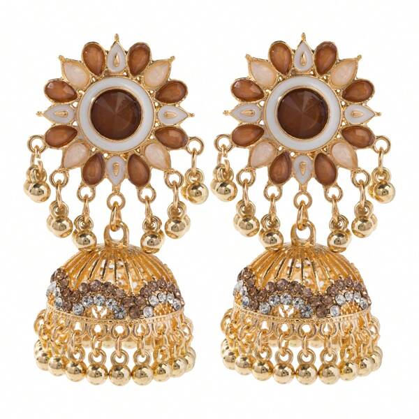 1 Pair Vintage Bell Sunflower Tassel Earrings, Bohemian Rhinestone Pendant Earrings