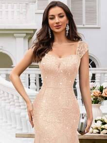 Elisanya 亮片花卉蕾丝深 V 领盖袖撞色网眼分层下摆晚会长裙，女士优雅派对礼服，正式晚礼服，舞会礼服，适合婚礼嘉宾、毕业典礼、晚宴 - 查看 8