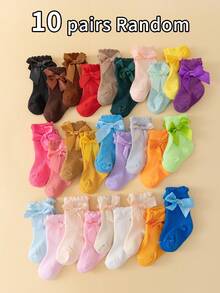 10 Pairs Cute Bow Decorated Baby Socks, Suitable For 0-3 Years Old Kids