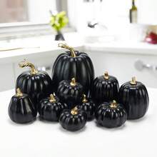 10 Pcs Assorted Artificial Pumpkins Set Classic Plastic Foam Faux Pumpkins For Fall Halloween Thanksgiving Tabletop Centerpiece Mantel Kitchen Decor - Black - View 4
