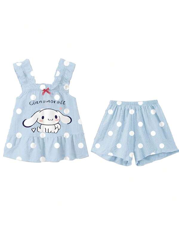Sanrio Set de 2 piezas de pijama para niños con estampado de Hello Kitty, short de tirantes finos y top y pantalones cortos de ajuste holgado, para primavera/verano/otoño