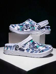 1 Pair Men's Asymmetrical Print Summer Cool Sport-Style Slippers, Beach Casual Outdoor Anti-Slip Thick Platform Sports EVA Beach Flip Flops Sandals