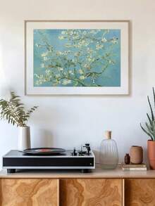1/5 框装帆布墙画，文森特·梵高的《杏花》，可直接悬挂，色彩鲜艳的花卉画作，适合客厅、卧室、浴室或餐厅装饰，家居装饰 - 淺藍色 - 查看 5