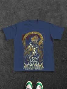 Dark - And - Mysterious - Motif Men's Clothing With Pentagram - And - Cleric - Design, 100% Cotton 220g - Blue - View 1