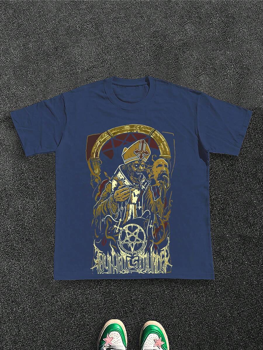 Dark - And - Mysterious - Motif Men's Clothing With Pentagram - And - Cleric - Design, 100% Cotton 220g - Blue - View 1