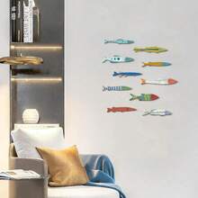 1/10 Piezas Decoración de pared de peces de madera de colores estilo playa, náutico y costero. Escultura de pared con diseño de banco de peces para decoración de hogar, baño, dormitorio (para pegar DIY). Decoración de verano, dormitorio, pared, escuela, sorpresa escolar, decoración de dormitorio