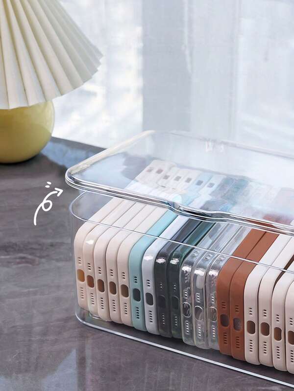 1pc Transparent Dustproof Storage Box With Lid, Large Capacity Desktop Organiser, Portable Multifunctional Storage Box, Suitable For Storing Various Items Such As Mobile Phone Cases, Cosmetics, Masks And So On.